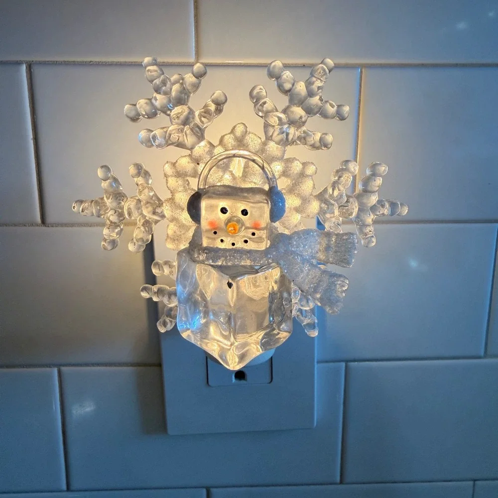 Vintage Snowman Snowflake Night Light Clear Acrylic Christmas Plug In
